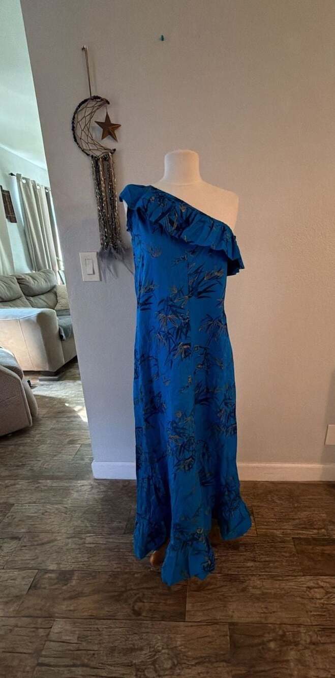 Vintage One Shoulder Ruffle Maxi Dress Blue Bamboo Print